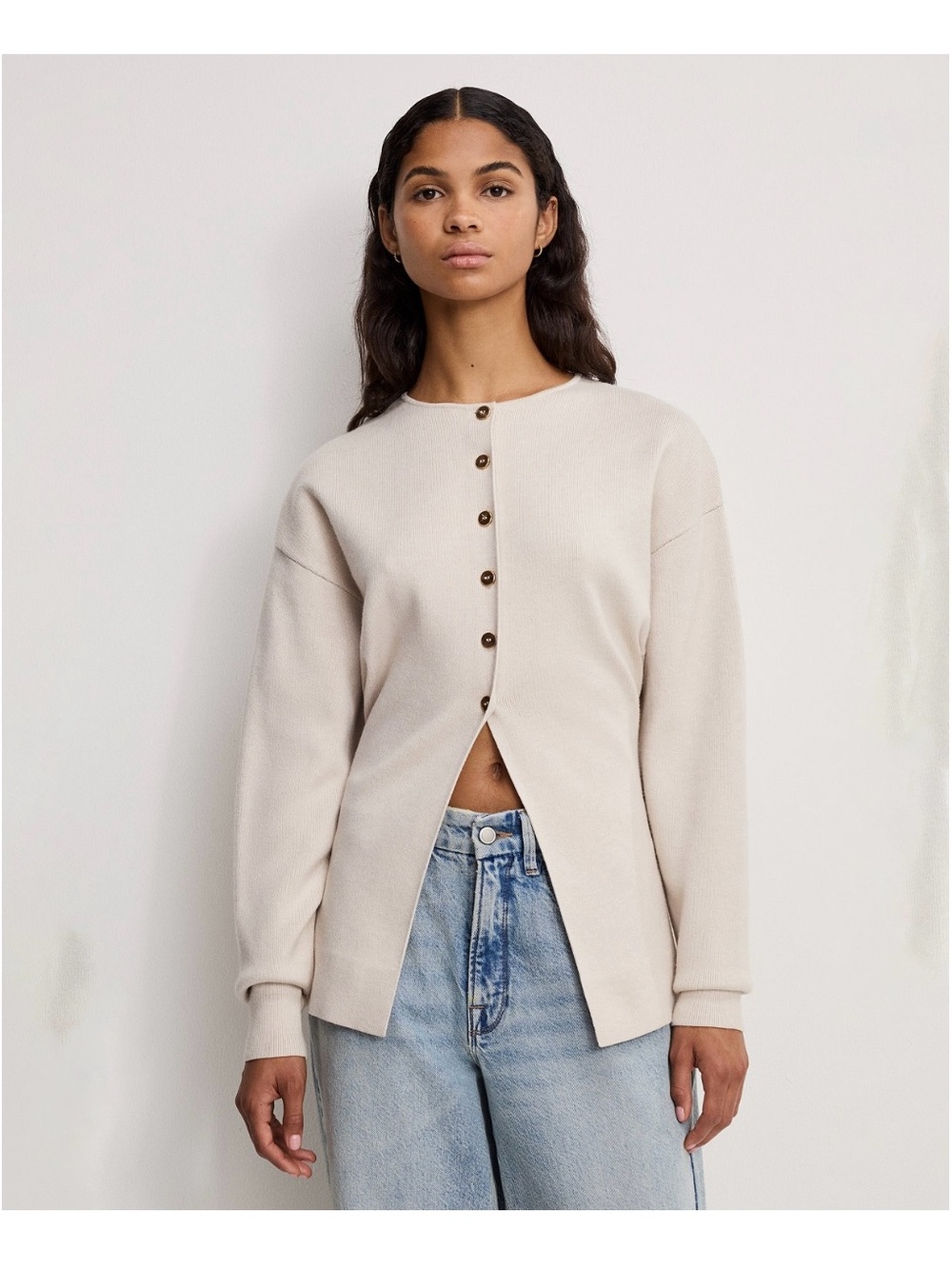 Good American Cream Button-Front Knit Sweatshirt